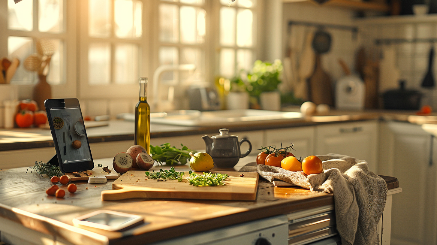 A warm  countertop with fresh produce and a handwritten meal plan.