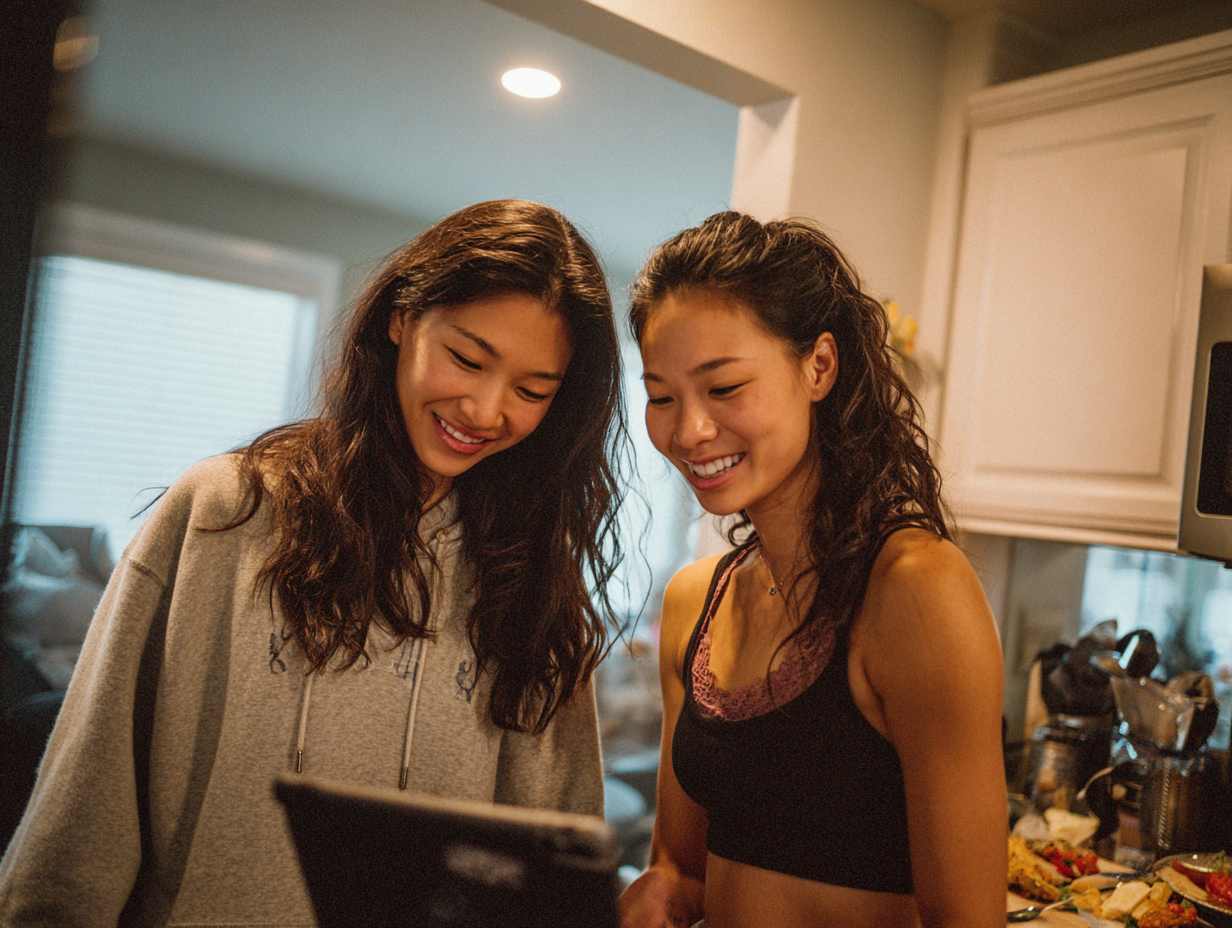 Two ladies standing in their kitchen looking at the app on a tablet
