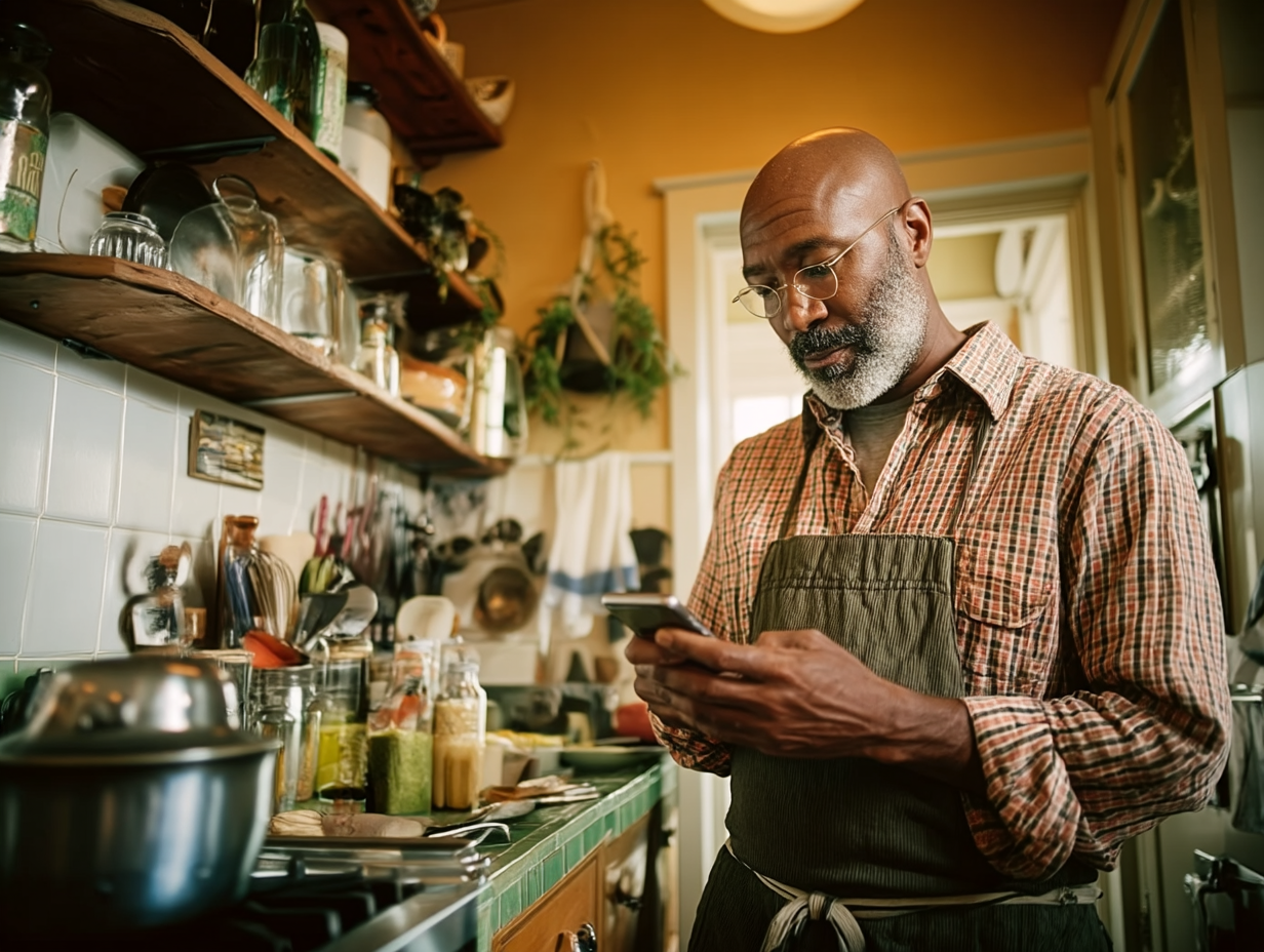 A man with glasses peering at the app on his mobile phone